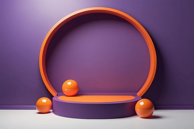 Abstract room with purple orange pedestal podium round shining arch shape and floating balls scene for product display mockup presentation