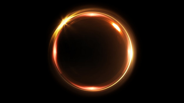 Abstract rotating neon circle in gold color. Luminous ring. Space tunnel. LED color ellipse. 3d illustration. Empty hole. Glow portal. Hot ball. flickering spin.