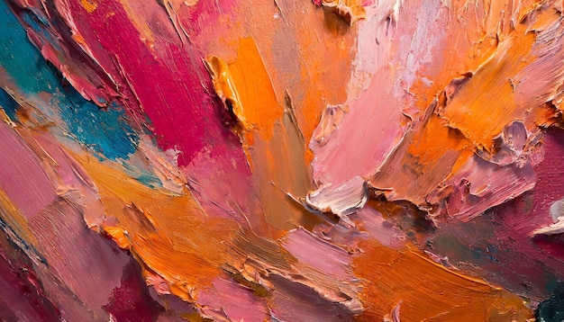 추상적 인 거친 다채로운 분홍색 음색 그림 텍스처 오일 솔 스트로크 캔버스에 있는 다채로운 예술