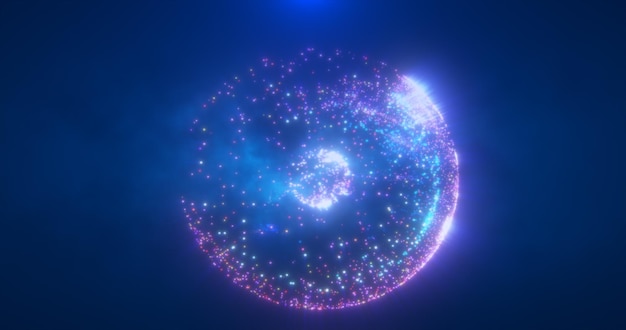 Абстрактная круглая сине-фиолетовая сфера из летающих частиц, светящихся энергией научной футуристической