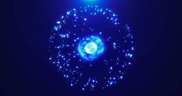 Photo abstract round blue sphere glowing energy magic molecule with atoms from particles and dots