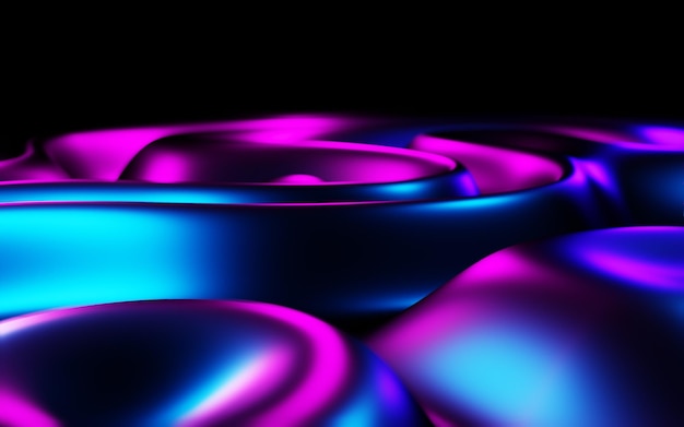 Abstract round forms neon background Glossy gradient texture surface water liquid ripples or purple blue fluid stream futuristic 3d illustration Digital technology concept virtual landscape