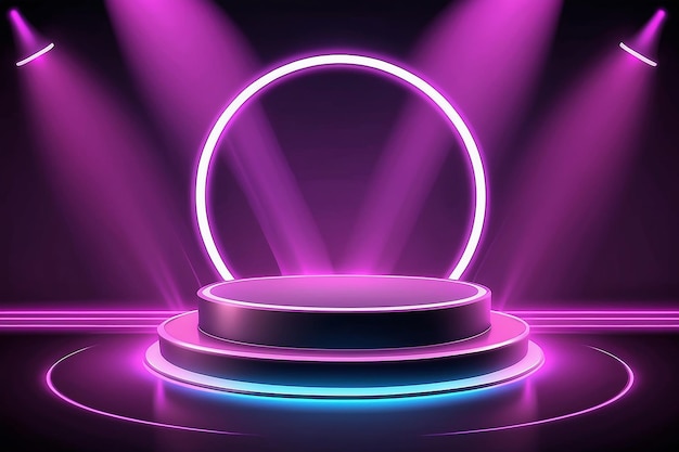 Abstract round podium illuminated with spotlight and neon award ceremony concept stage backdrop vector illustration