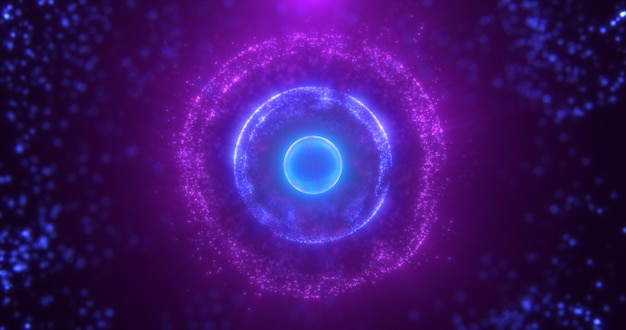 Abstract round purple sphere glowing energy magic molecule with atoms from particles and dots