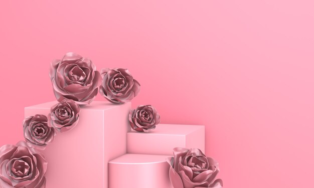 Abstract roze geometrisch podium versierd met roze bloemen voor mockup. 3D render.