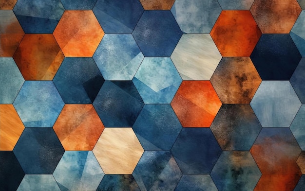 an abstract rug in blue orange and brown in the style of illusory tessellations