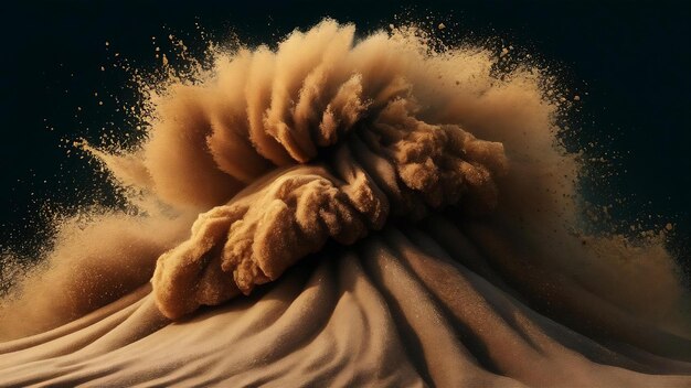 abstract sand cloud golden colored sand splash on dark