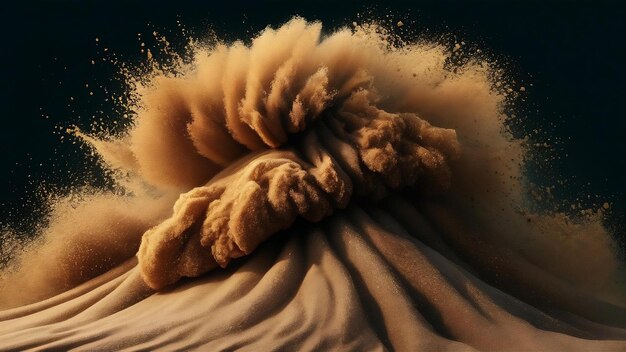 Abstract sand cloud golden colored sand splash on dark