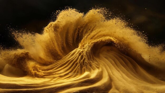 Photo abstract sand cloudgolden colored sand splash agianst dark background