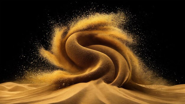 Abstract sand cloudgolden colored sand splash agianst dark background