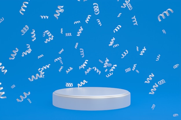 Abstract scene background with white podium on blue background, confetti and confetti for cosmetic product presentation