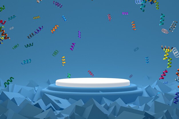 Abstract scene background with white podium on blue background,\
confetti and confetti for cosmetic product presentation