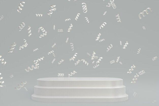 Abstract scene background with white podium on geay background, confetti and confetti for cosmetic product presentation