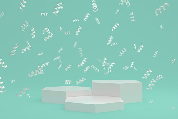 Abstract scene background with white podium on geen background, confetti and confetti for cosmetic product presentation