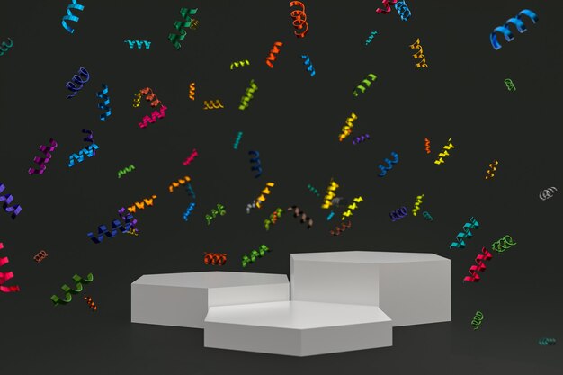 Abstract scene black background 3d rendering with white podium, confetti and multicolor ribbons for festival