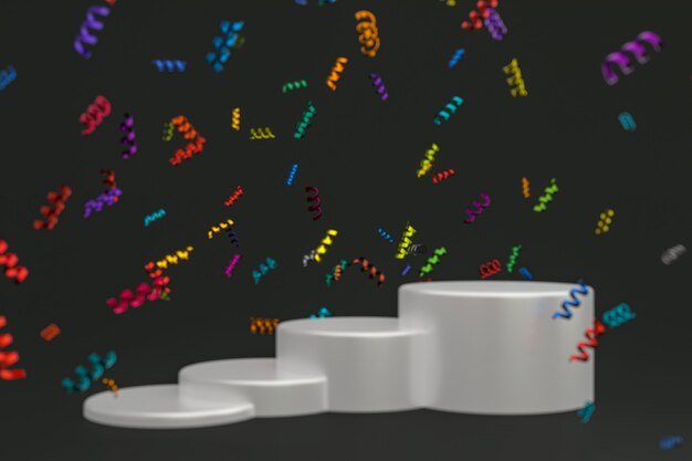 Abstract scene black background 3d rendering with white podium, confetti and multicolor ribbons for festival