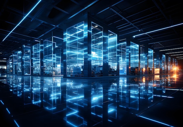 Abstract scene of modern office building with reflection on glass floor