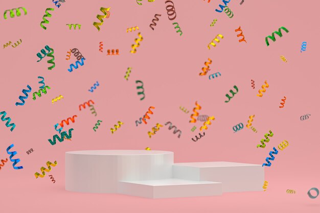 Abstract scene pink background 3d rendering with white podium, confetti and multicolor ribbons for festival