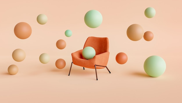 Abstract scene of a velvet chair with gradient colored spheres floating around