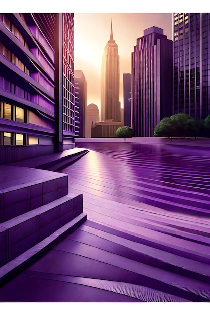 Photo abstract scene with modern skyscrapers and purple stairs at sunset