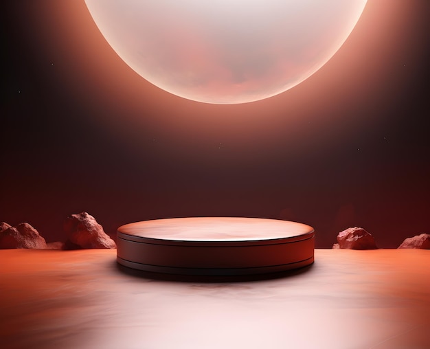 Abstract scene with round podium for display product in desert and rock on mars 3d illustration