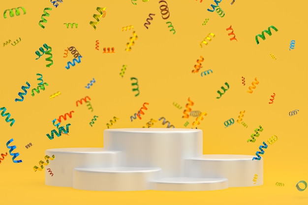 Abstract scene yellow background 3d rendering with white podium, confetti and multicolor ribbons for festival