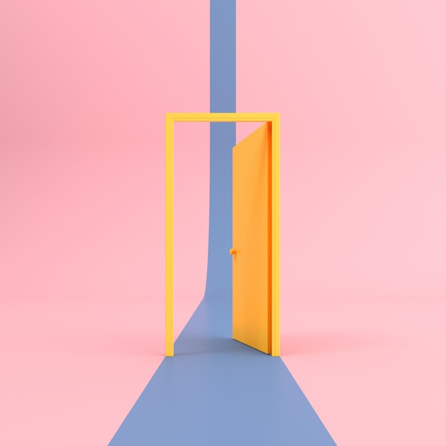 ピンクの背景に青い道と黄色の開いたドアの抽象的なシーン
