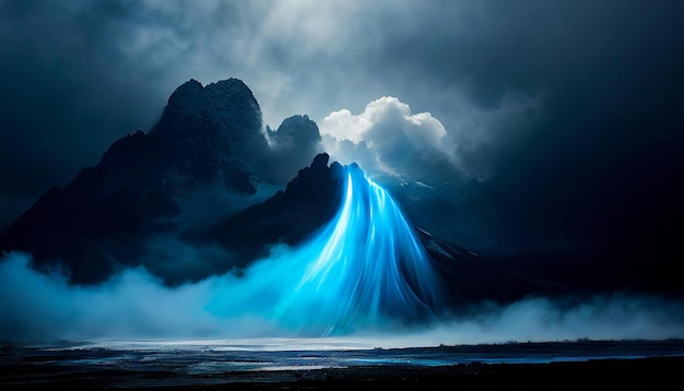 Фото Абстрактный пейзаж с электрически синим дымом на темном фоне туман и облака драматическая сцена