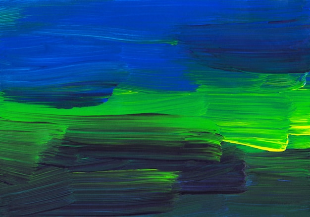 Abstract schilderij als achtergrond, groen, blauw, geel, zwart penseelstreken op papier textuur