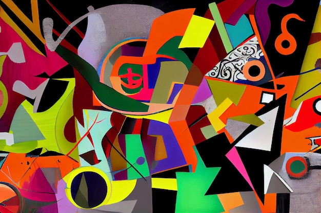Abstract schilderij bestaande uit chaotische veelkleurige heldere verschillende vormen en figuren gescheiden