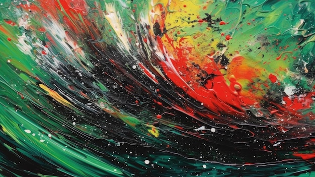 abstract schilderij met gekleurde wervelingen witte groene en rode verf