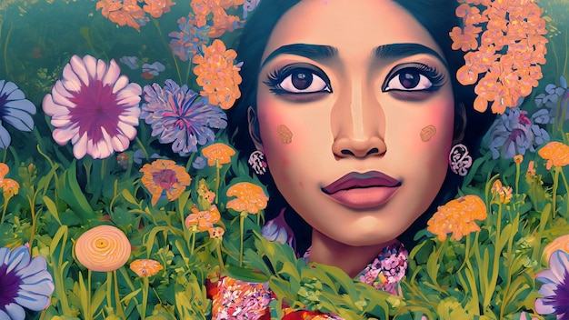 Abstract schilderij van een mooie vrouw temidden van kleurrijke bloemen