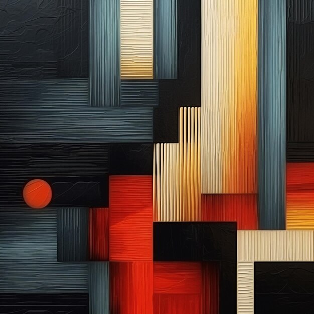 abstract schilderij van een rode bal in een zwart en oranje geometrisch patroon generatieve ai