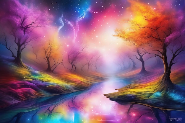 abstract schilderij van kleurrijk bos met bomen digitale illustratie abstract schilderij van kleurrijk