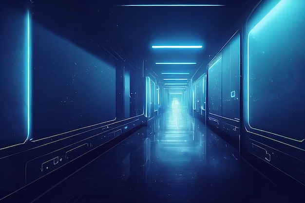 Abstract sci fi futuristic hallway dark room in space station with glowing neon lights background digital art design