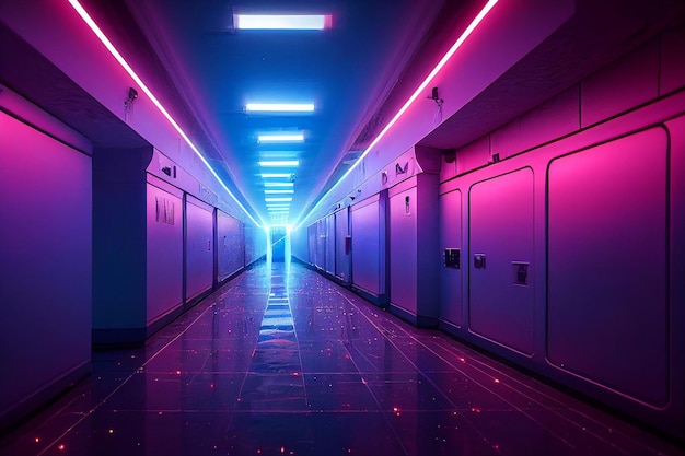 Abstract sci fi futuristic hallway dark room in space station with glowing neon lights background digital art design