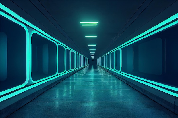 Abstract sci fi futuristic hallway dark room in space station with glowing neon lights background