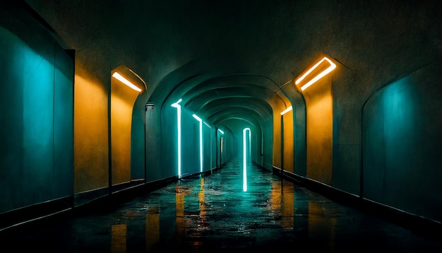 Abstract sci fi futuristic hallway dark room in space station with glowing neon lights background