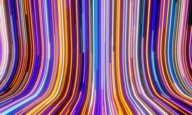 Abstract sci fi neon background Glowing light speed strips in motion Cyber network data 3d render