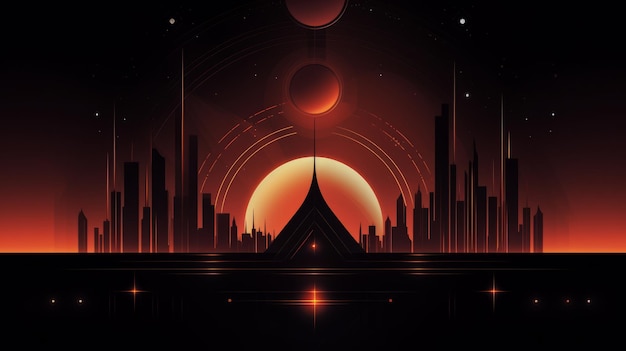 An abstract sci fi scene with a city in the background