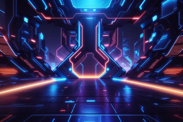 Abstract science fiction futuristic background with blue neon lights