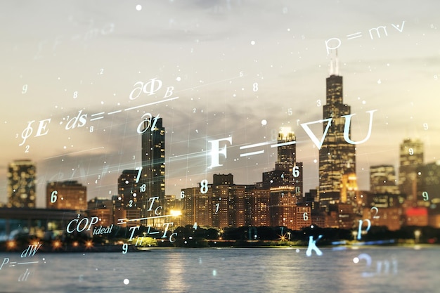 Abstract scientific formula hologram on Chicago skyline background Multiexposure