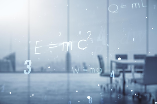 Abstract scientific formula hologram on a modern conference room background Multiexposure