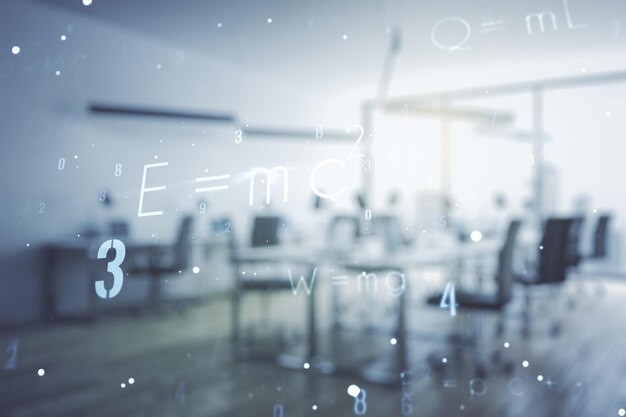 Abstract scientific formula hologram on a modern furnished office background Multiexposure