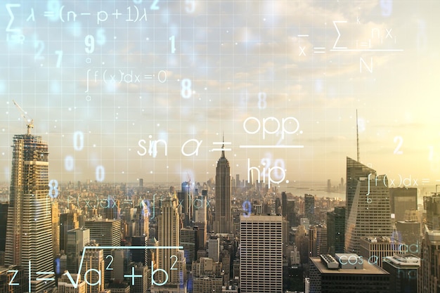 Abstract scientific formula hologram on New York city skyline background Multiexposure