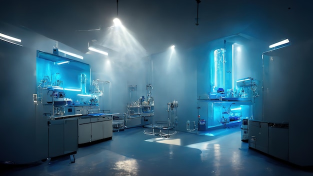 Abstract scientific medical interior blurred background Blue light Medical research concept Ai render