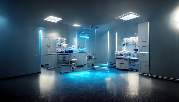 抽象的な科学的な医療インテリアぼやけた背景青い光医療研究コンセプト Ai レンダリング