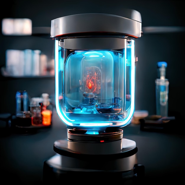 Abstract scientific medical interior blurred background Blue light Medical research concept Ai render