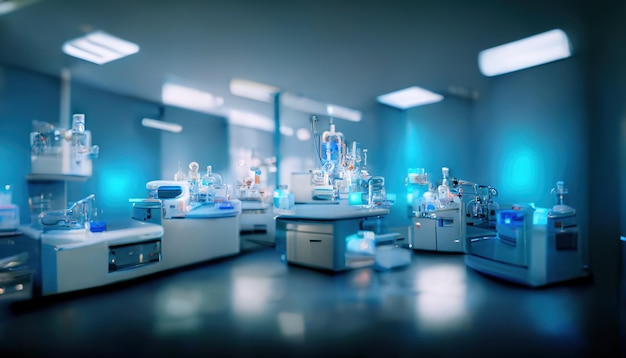 Abstract scientific medical interior blurred background Blue light Medical research concept Ai render