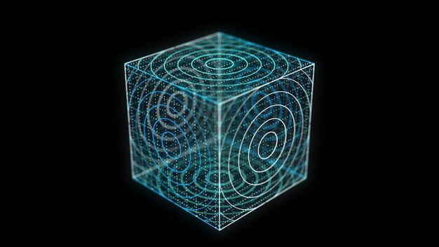 abstract scifi cube with particle and line with digital indicators technology network connection on world global digital connections ai wireframe cube blockchain encryption 3d rendering